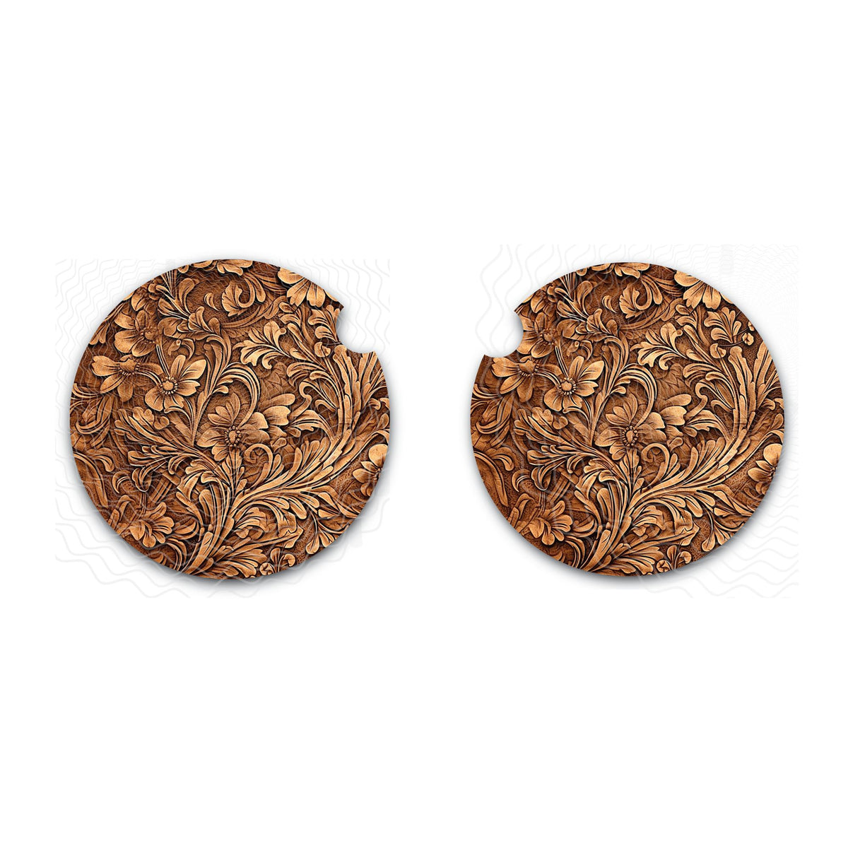 Tooled Leather Appearance Car Coasters - Soft Neoprene, Elegant Design, Durable & Practical, Set of Two, Perfect for Everyday Use, New Car Gift