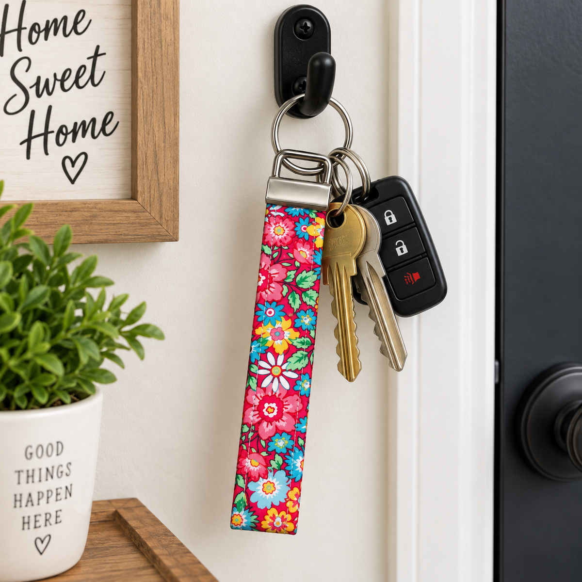 Preppy Pink Floral Key Chain Wristlet, Pink Floral Key Fob Wristlet, Strap For Keys