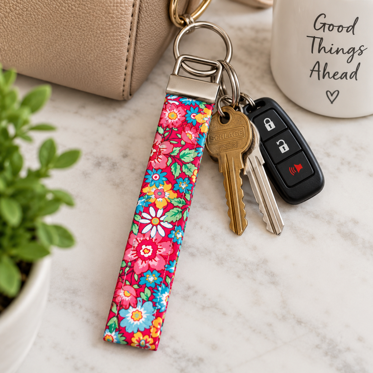 Preppy Pink Floral Key Chain Wristlet, Pink Floral Key Fob Wristlet, Strap For Keys