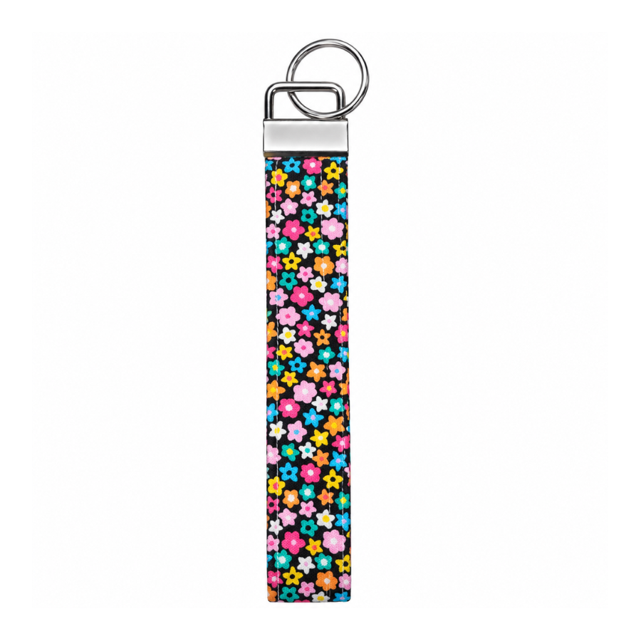 Cute Colorful Floral Pattern Keychain Wristlet, Dark Blue Key Fob Wristlet