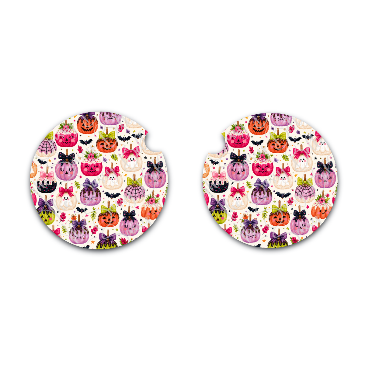 Candy Apple Halloween Car Coaster Set of Two, Car Cup Insert, Halloween Decor, Cute Car Accessories, Gift for Driver, Neoprene Car Coasters