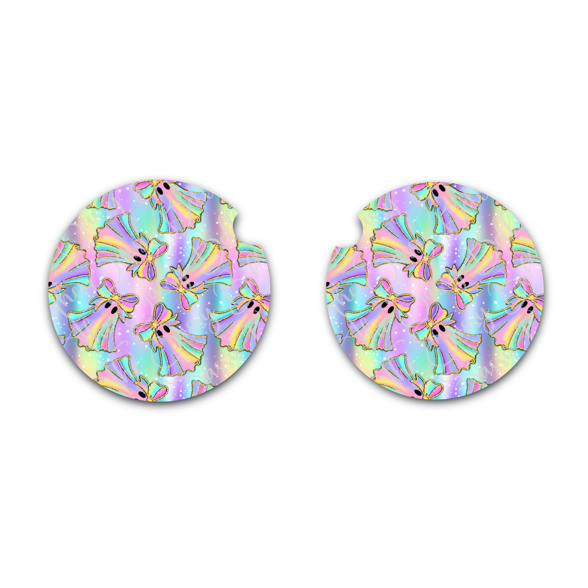 Holographic Ghost Halloween Car Coaster, Neoprene Car Cup Inserts, Halloween Decor, Interior Vehicle Accessories Set of Two