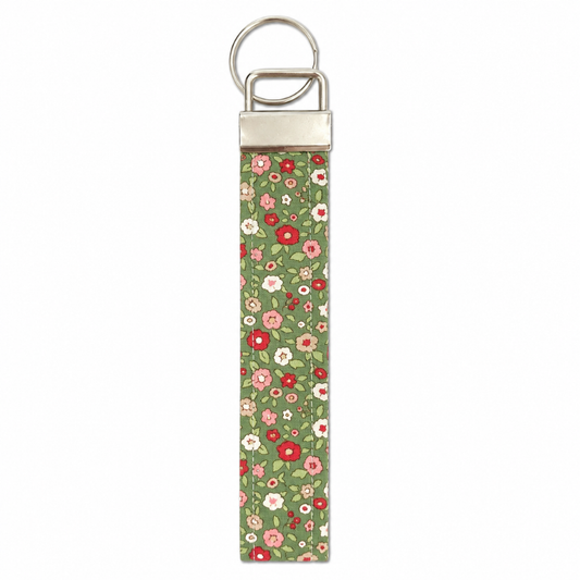 Cute Keychain Wristlet, Olive and Red Flowers, Key Fob Wristlet, Cute and Trendy Accessories