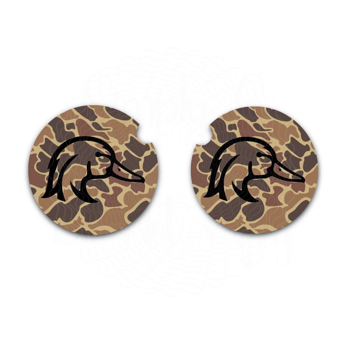 Old School Brown Camo Wood Duck Car Coasters, Set of Two