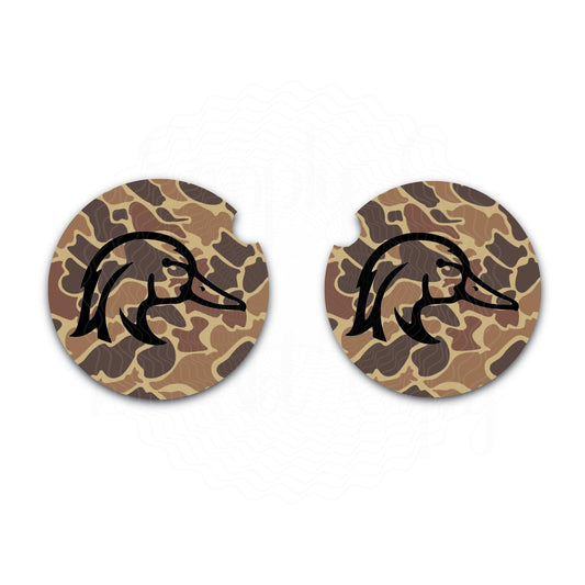 Old School Brown Camo Wood Duck Car Coasters, Set of Two