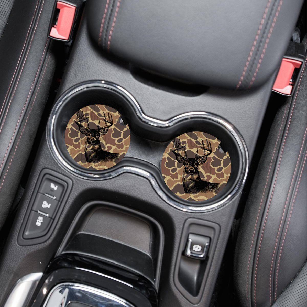 Old School Brown Camo Big Buck Car Coasters, Set of Two, Car Cup Holder