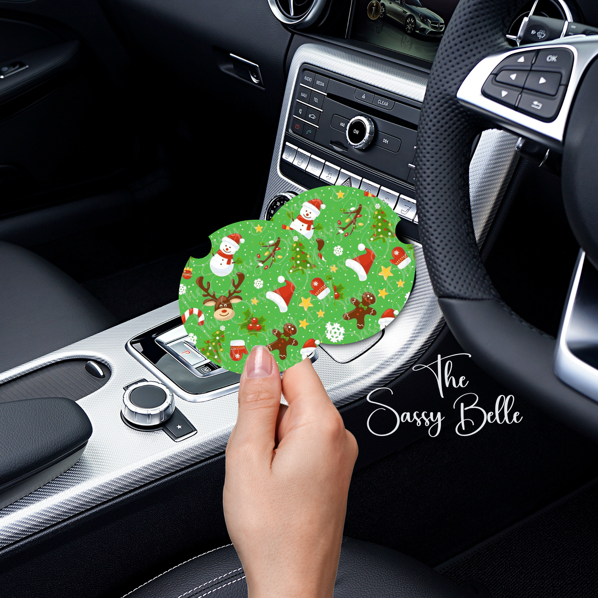 Christmas Car Coasters, Set of Two, Reindeer and Snowman