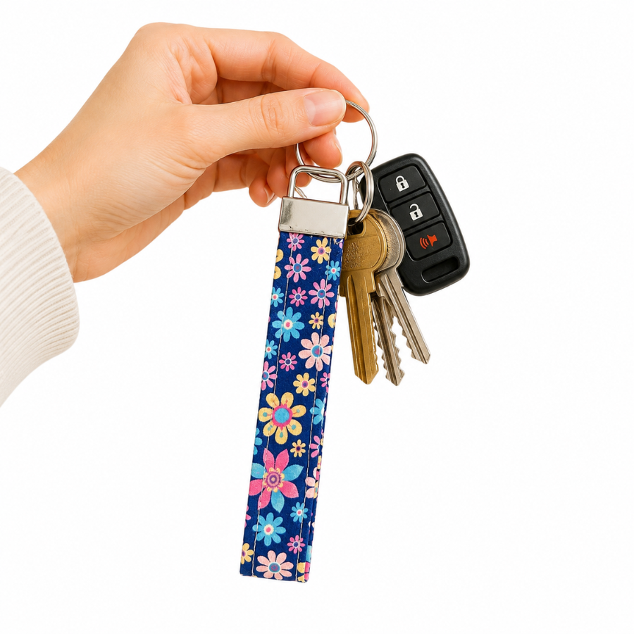 Cute Keychain Wristlet, Blue Floral Key fob Wristlet, Cute Car Key Strap, Cute and Trendy Accessories