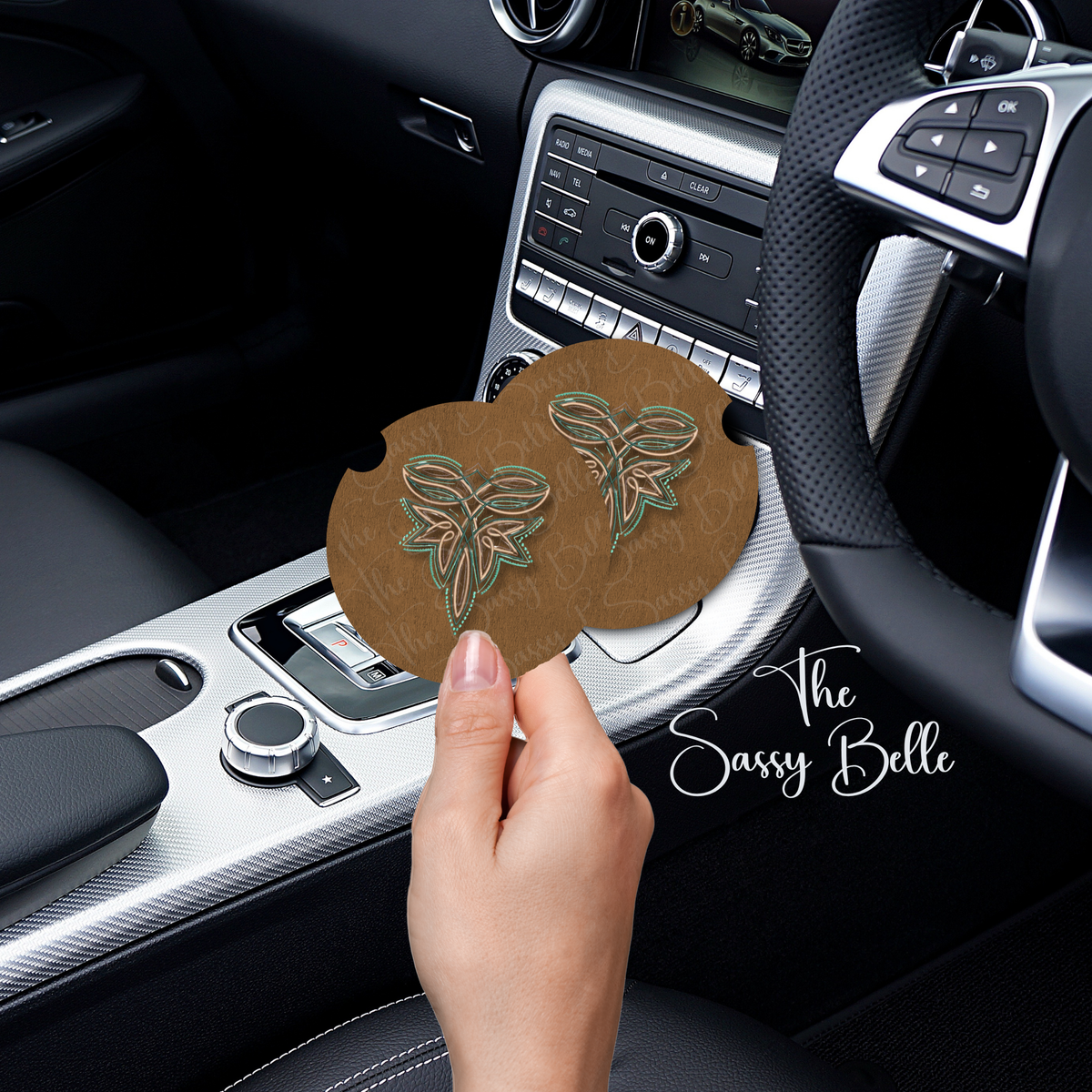 Western Car Coasters Set of Two, Boot Stitch Design, Neoprene Car Coasters, Interior Auto Accessories, Western Decor