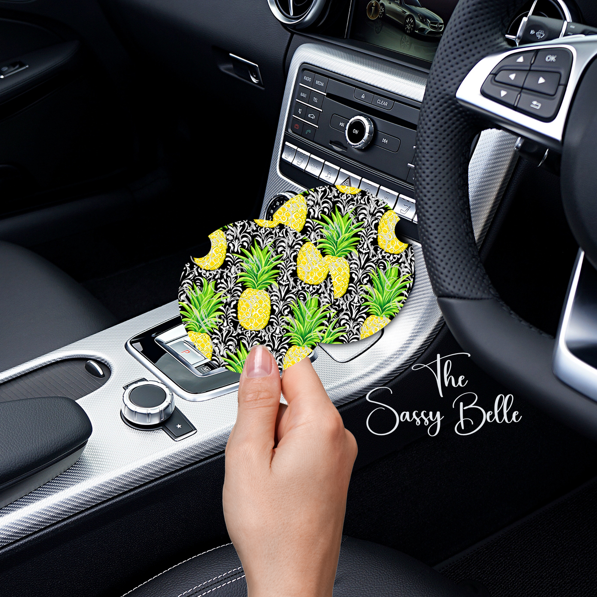 Pineapple Car Coasters, Neoprene Car Cup Inserts, Interior Vehicle Accessories, Cute Car Gift