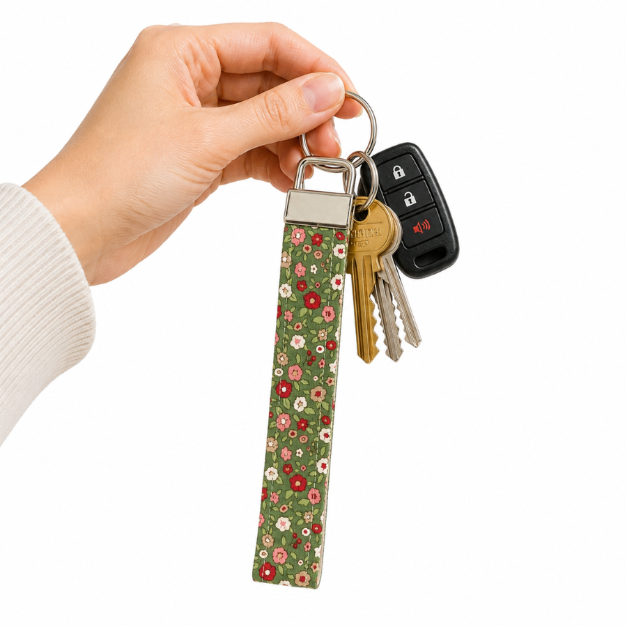 Cute Keychain Wristlet, Olive and Red Flowers, Key Fob Wristlet, Cute and Trendy Accessories
