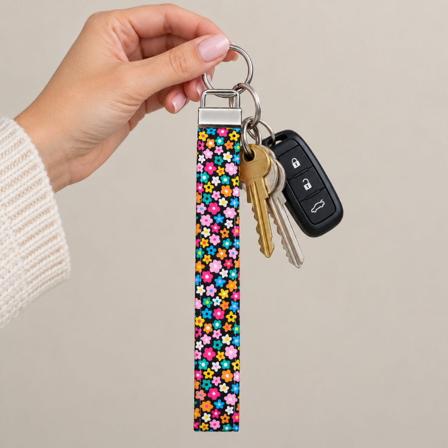 Cute Colorful Floral Pattern Keychain Wristlet, Dark Blue Key Fob Wristlet