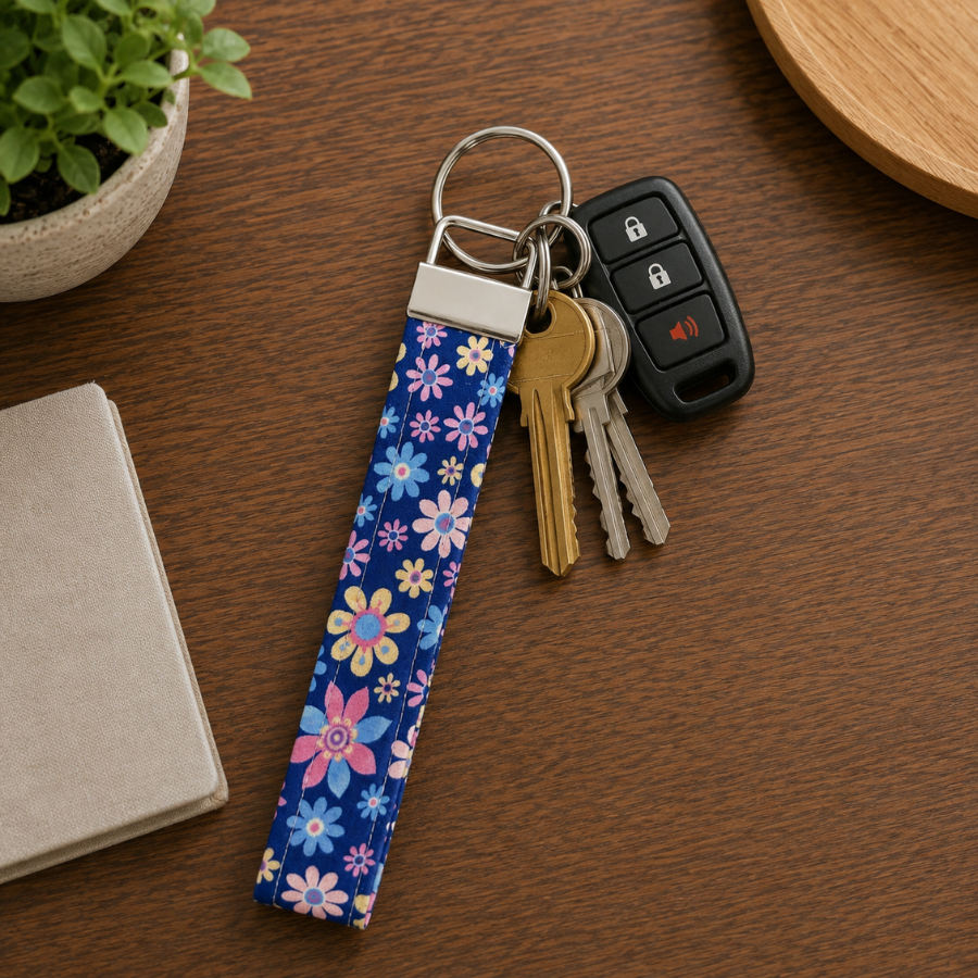 Cute Keychain Wristlet, Blue Floral Key fob Wristlet, Cute Car Key Strap, Cute and Trendy Accessories