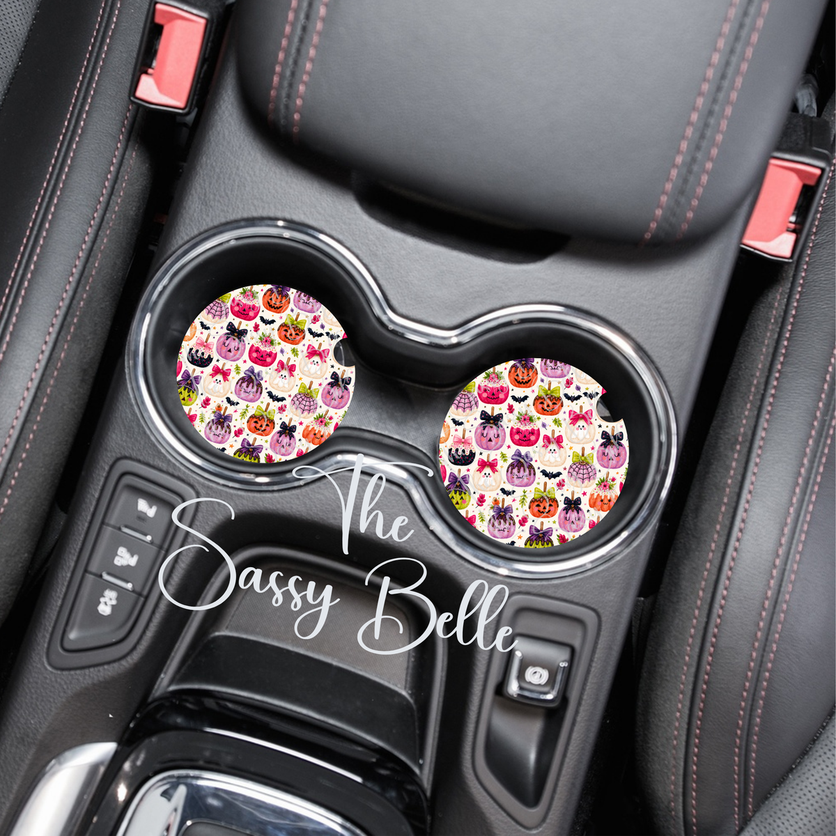 Candy Apple Halloween Car Coaster Set of Two, Car Cup Insert, Halloween Decor, Cute Car Accessories, Gift for Driver, Neoprene Car Coasters