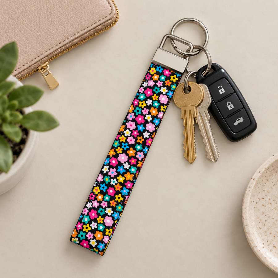 Cute Colorful Floral Pattern Keychain Wristlet, Dark Blue Key Fob Wristlet
