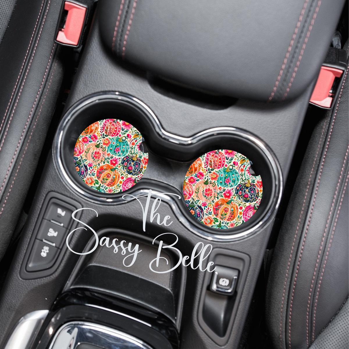 Halloween Car Coasters, Preppy Pink Pumpkins, Neoprene Car Coasters Set of Two, Cute Vehicle Accessories