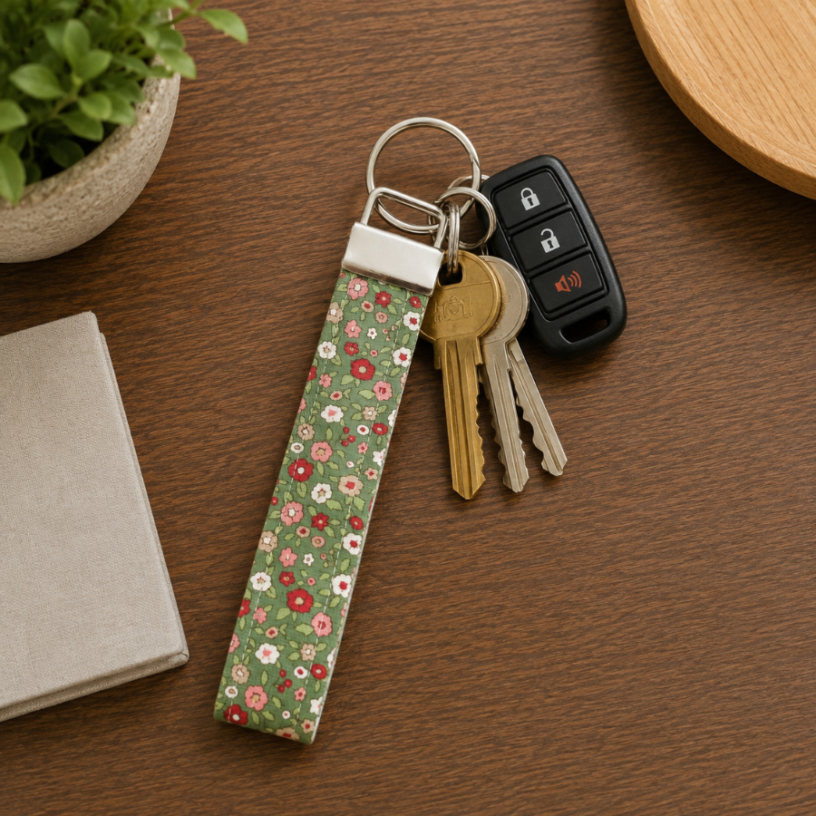 Cute Keychain Wristlet, Olive and Red Flowers, Key Fob Wristlet, Cute and Trendy Accessories