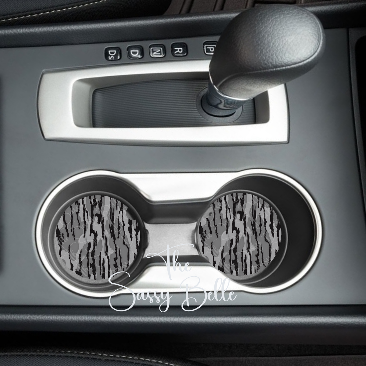 Bottomland Inspired Grey Camo Car Coasters, Neoprene Car Cup Holders, Set of Two