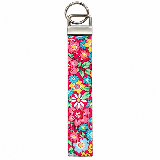 Preppy Pink Floral Key Chain Wristlet, Pink Floral Key Fob Wristlet, Strap For Keys