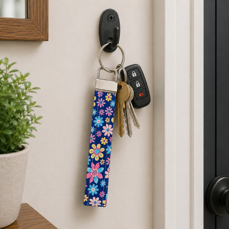 Cute Keychain Wristlet, Blue Floral Key fob Wristlet, Cute Car Key Strap, Cute and Trendy Accessories