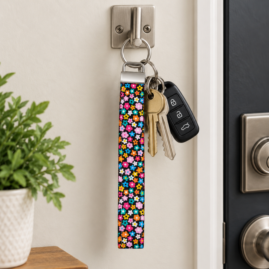 Cute Colorful Floral Pattern Keychain Wristlet, Dark Blue Key Fob Wristlet