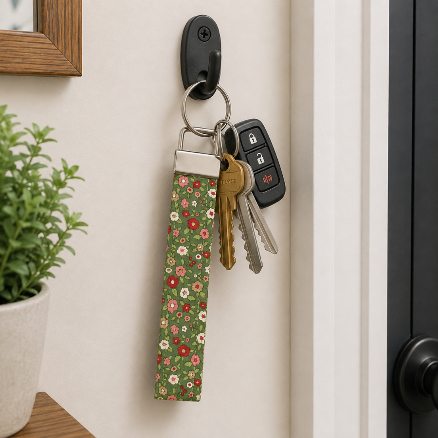 Cute Keychain Wristlet, Olive and Red Flowers, Key Fob Wristlet, Cute and Trendy Accessories