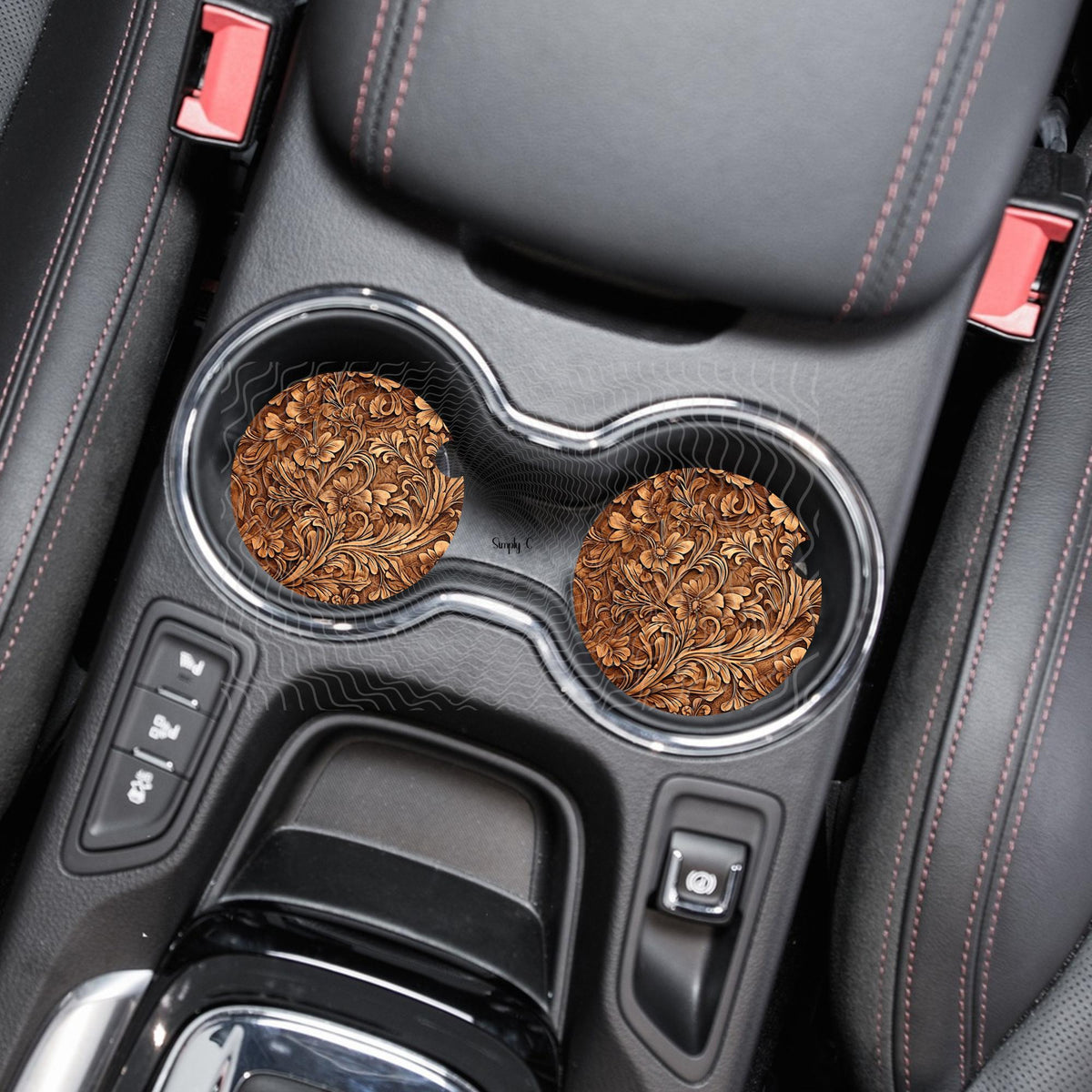 Tooled Leather Appearance Car Coasters - Soft Neoprene, Elegant Design, Durable & Practical, Set of Two, Perfect for Everyday Use, New Car Gift