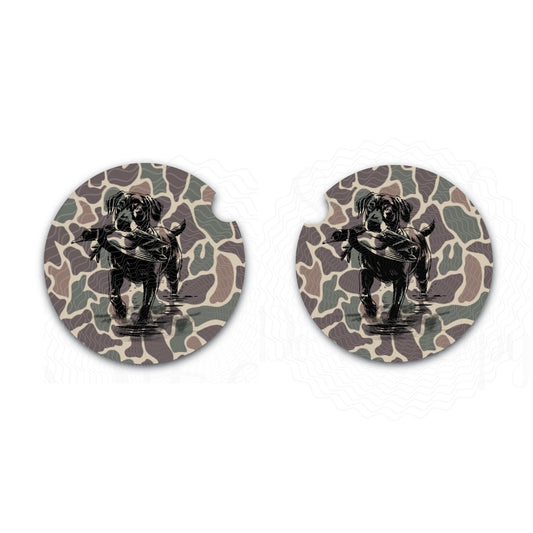 Camo Car Coasters, Dark Green Old School Camo, Lab Duck Hunting, Neoprene Coasters Set of Two, Auto Accessories