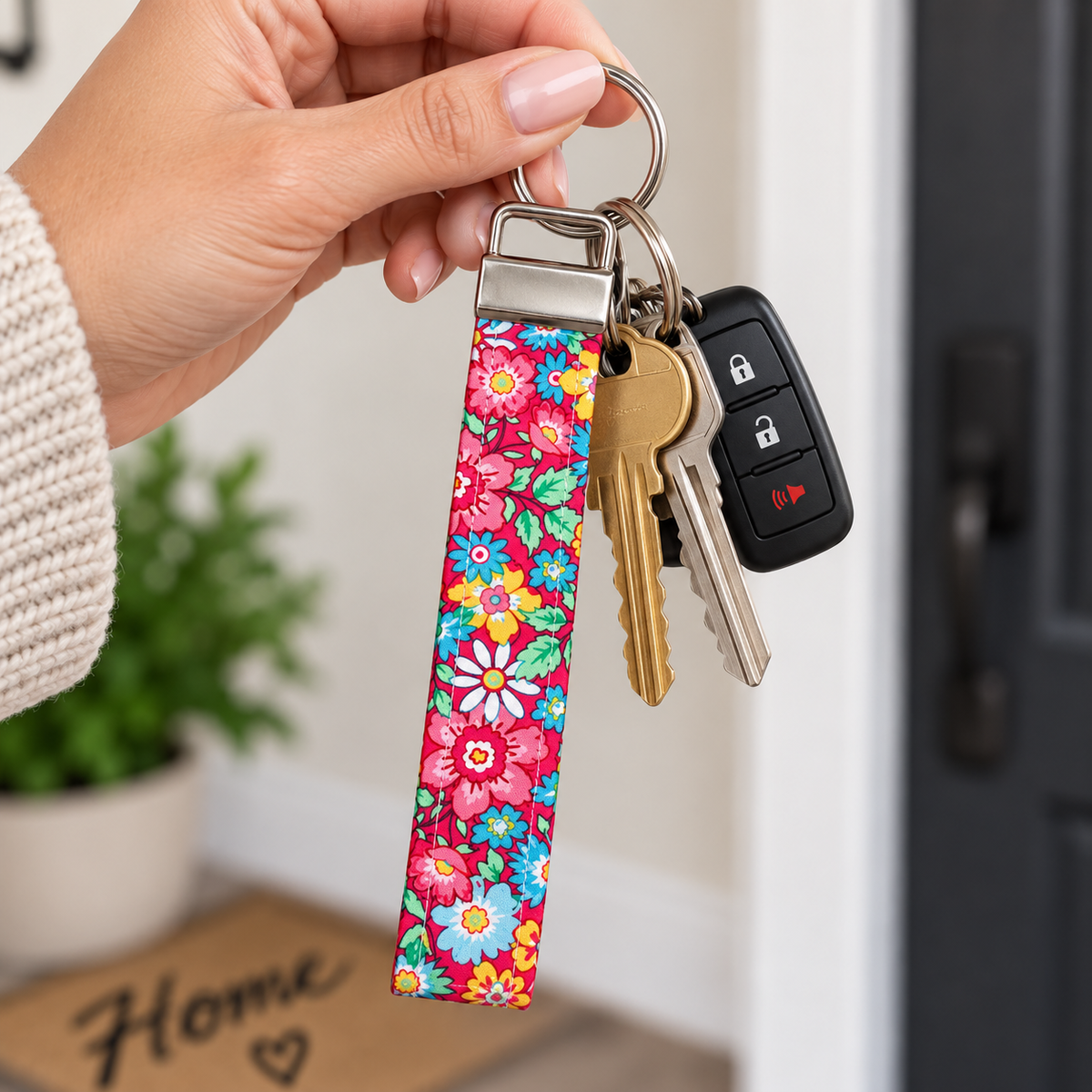 Preppy Pink Floral Key Chain Wristlet, Pink Floral Key Fob Wristlet, Strap For Keys