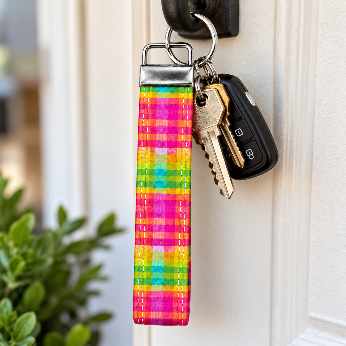 Colorful Plaid Keychain, Keychain Wristlet, Key Fob Wristlet Keychain