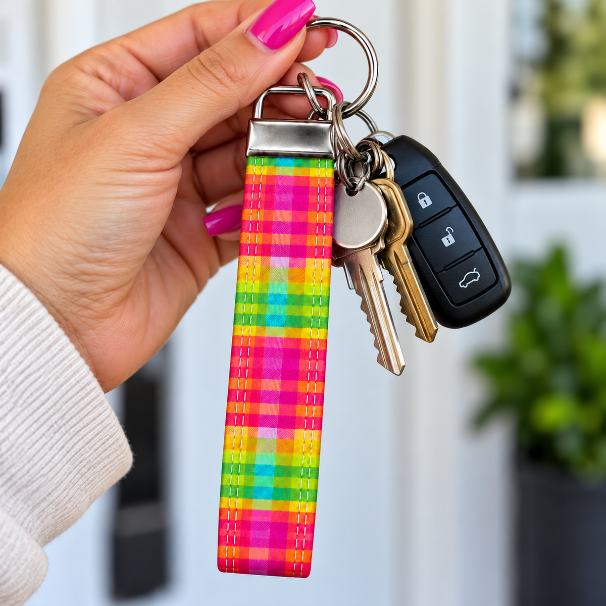 Colorful Plaid Keychain, Keychain Wristlet, Key Fob Wristlet Keychain