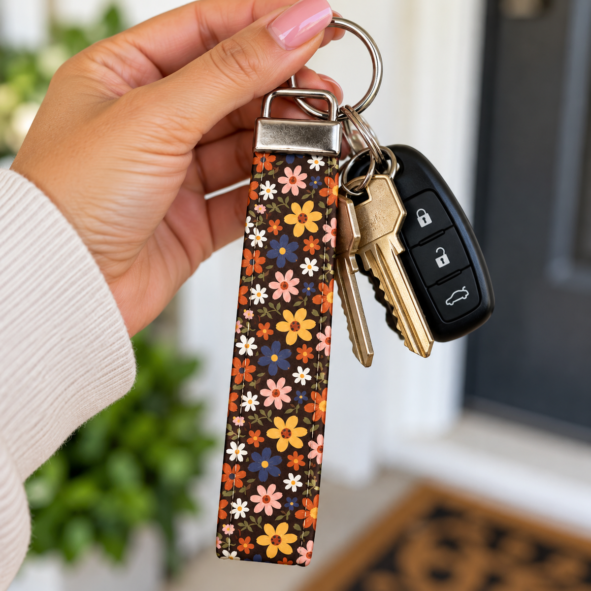 Floral Keychain with Colorful Fall Flowers, Keychain Wristlet, Key Fob Wristlet