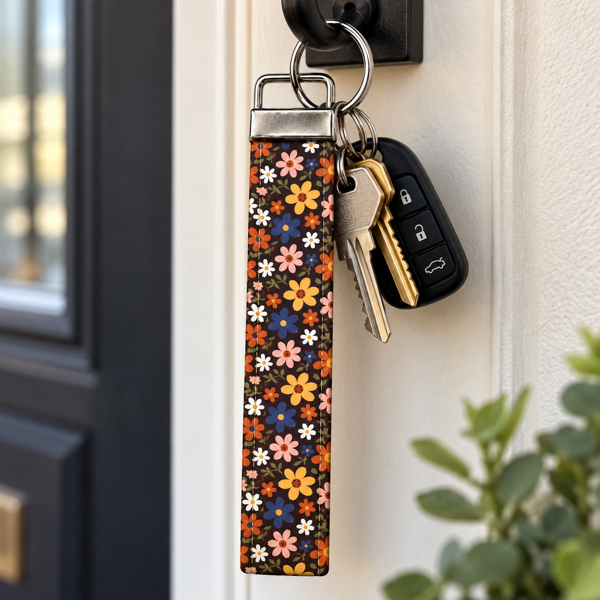 Floral Keychain with Colorful Fall Flowers, Keychain Wristlet, Key Fob Wristlet
