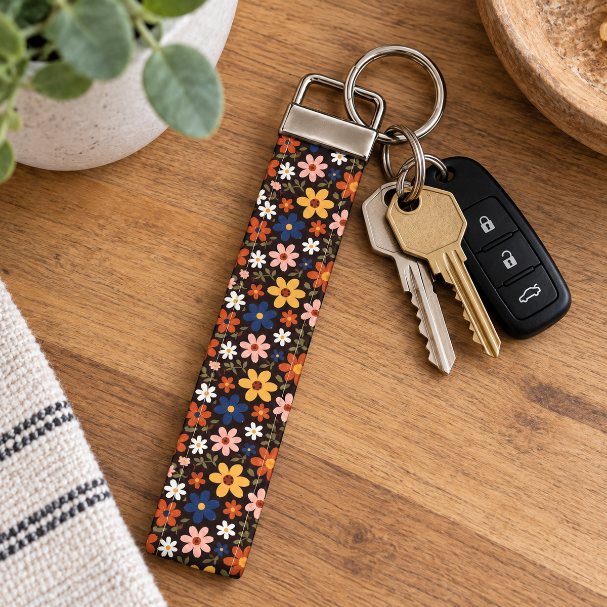 Floral Keychain with Colorful Fall Flowers, Keychain Wristlet, Key Fob Wristlet