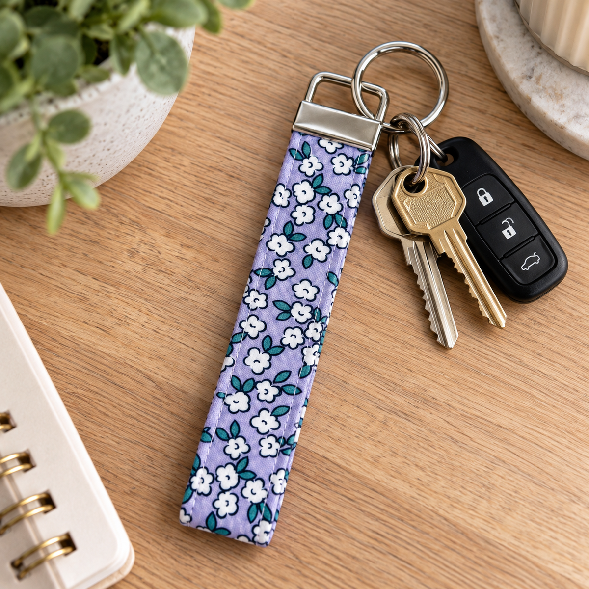 Elegant Purple Floral Keychain, Keychain Wristlet, Preppy Key Fob Wristlet