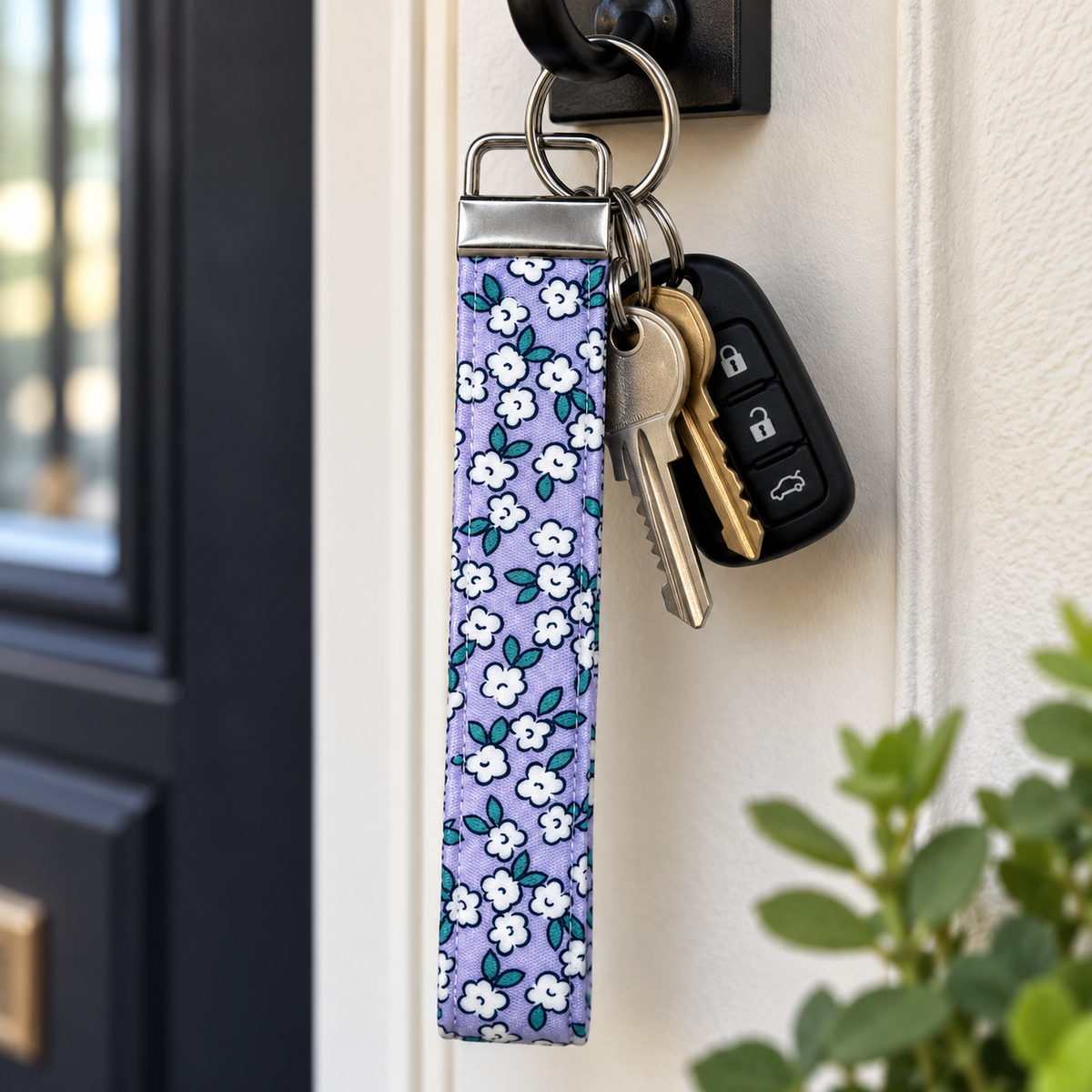 Elegant Purple Floral Keychain, Keychain Wristlet, Preppy Key Fob Wristlet