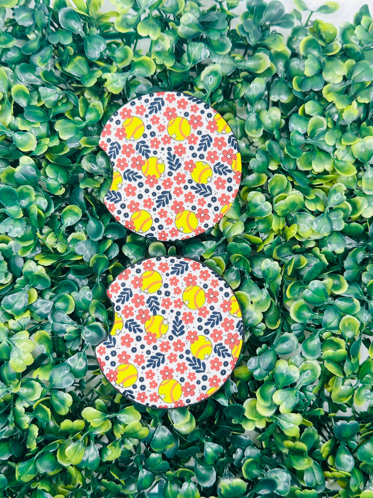 Floral Softball Car Coasters Set of 2 | Softball Mom Car Accessories | Neoprene Cup Holder Coasters | Cute Car Decor Gift