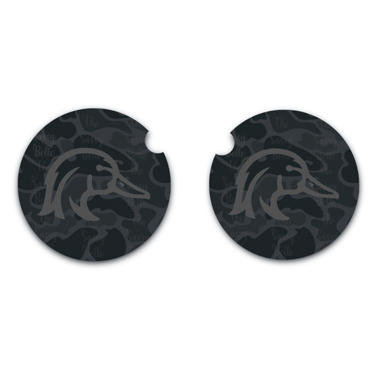 Black Old School Camo Wood Duck Car Coasters, Set of Two, Car Cup Holder, Soft and Flexible Neoprene Car Coasters, Auto Accessories, 2.75 Inches In Diameter