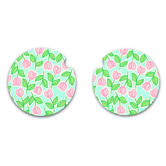 Tulip Floral Car Coaster, Neoprene Car Coasters, Interior Auto Accessories, Cute and Floral Vehicle Decor