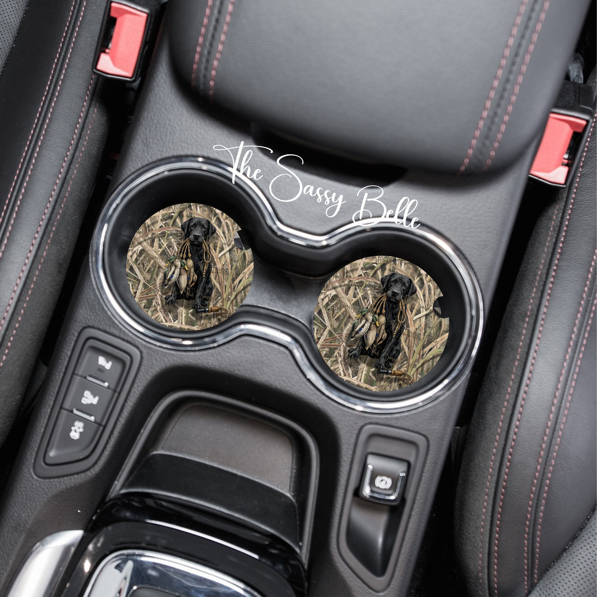 Black Lab Duck Hunting Car Coasters | Hunting Dog Cup Holder Coasters | Duck Hunter Vehicle Accessories | Set of Two