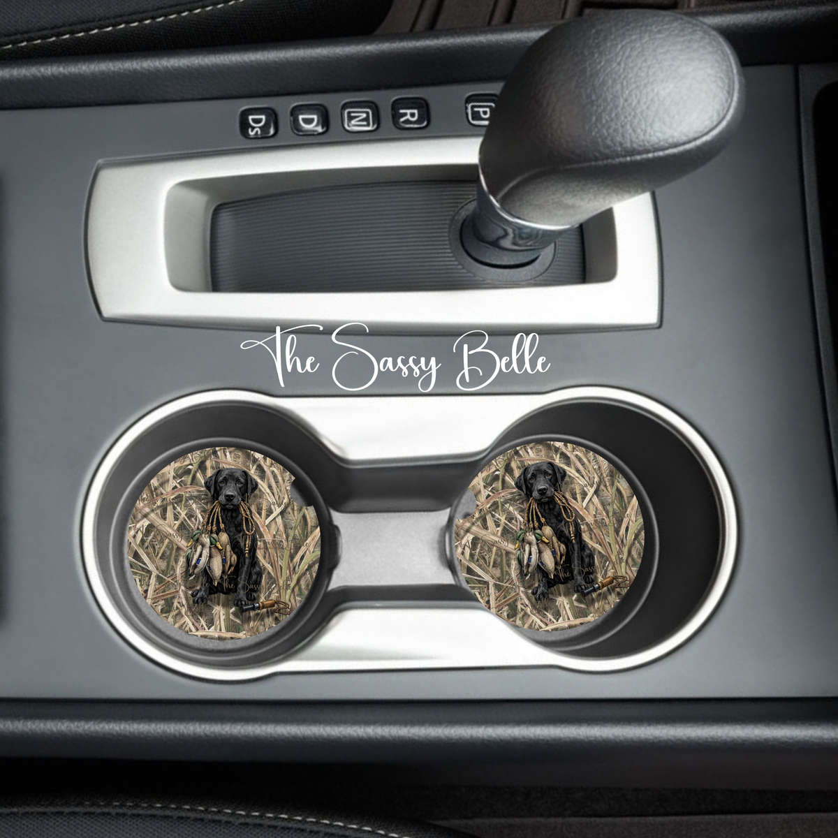 Black Lab Duck Hunting Car Coasters | Hunting Dog Cup Holder Coasters | Duck Hunter Vehicle Accessories | Set of Two
