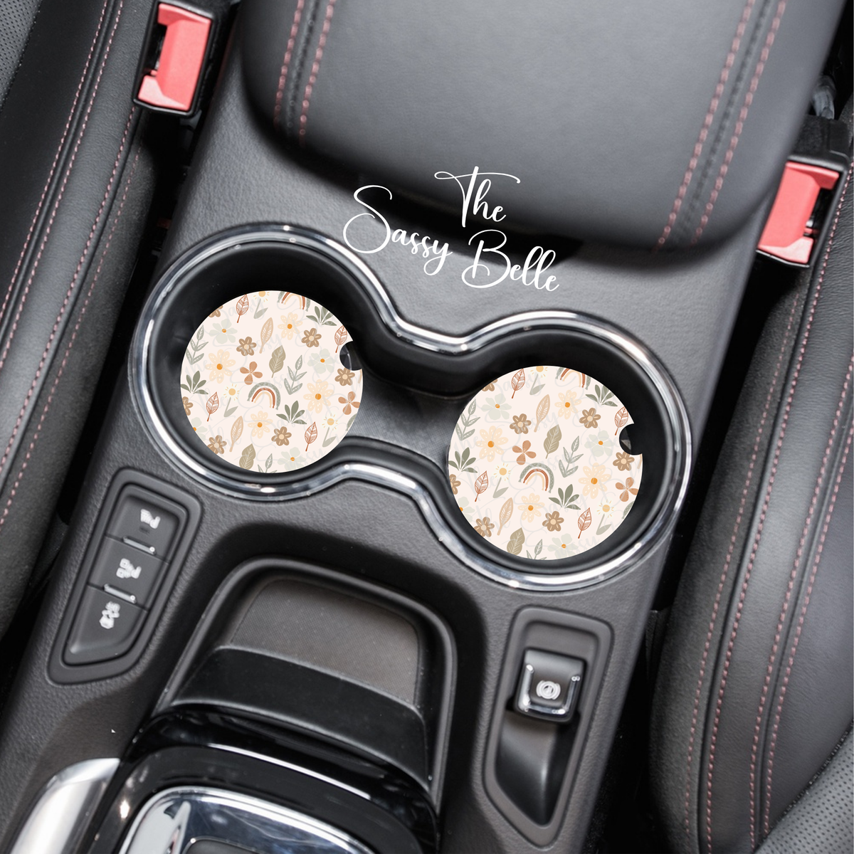 Boho Floral Neoprene Car Coasters Set of 2 | Neutral Wildflower & Retro Rainbow Cup Holder Coasters | Cute Car Accessories for Women