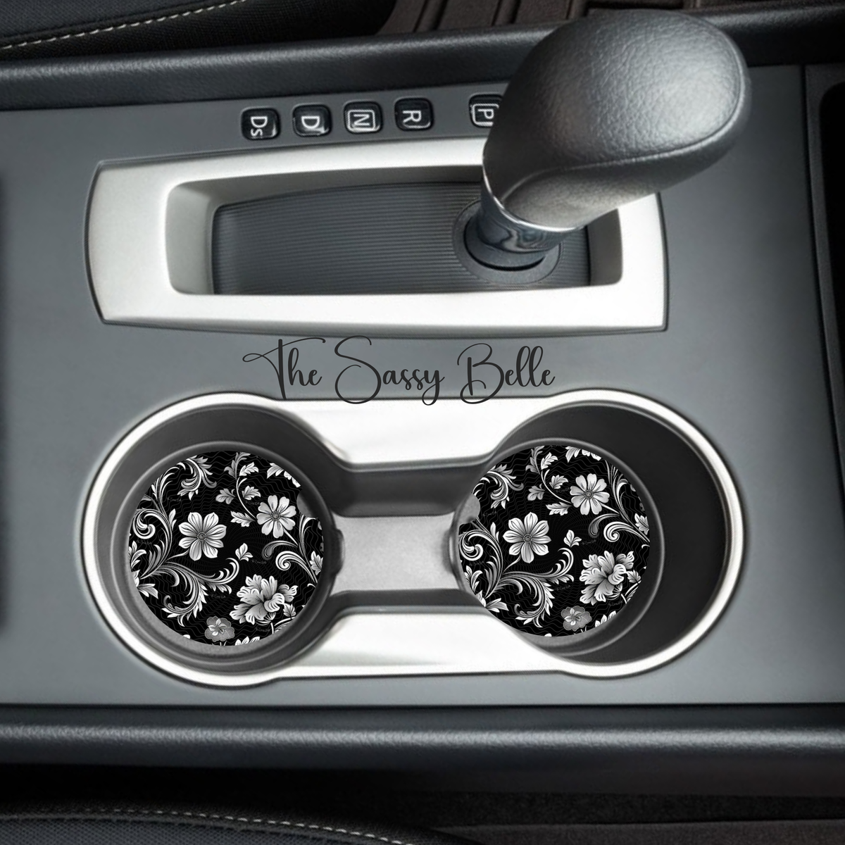 Floral Black and White Car Coasters, Cute Car Coasters,  Soft Neoprene Material, 2.75 Inch, Set of 2, New Car Gift, Interior Auto Accessories