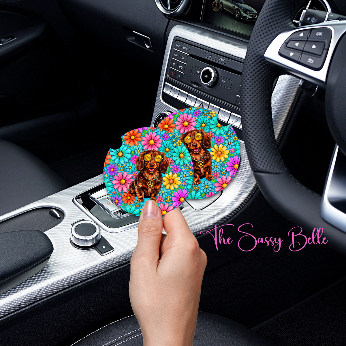 Groovy Dachshund Car Coasters Set of 2 | Wiener Dog Neoprene Cup Holder Coasters