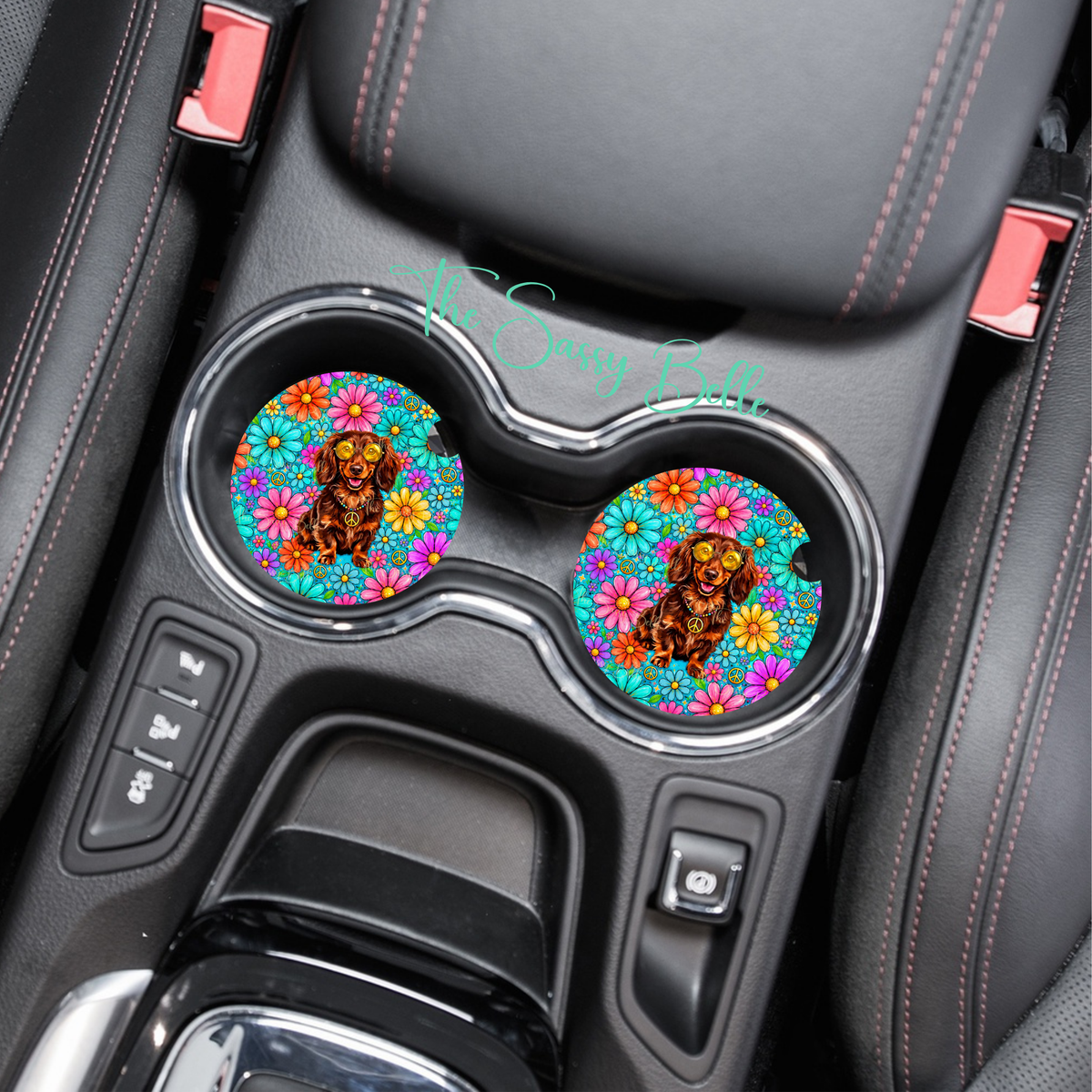 Groovy Dachshund Car Coasters Set of 2 | Wiener Dog Neoprene Cup Holder Coasters