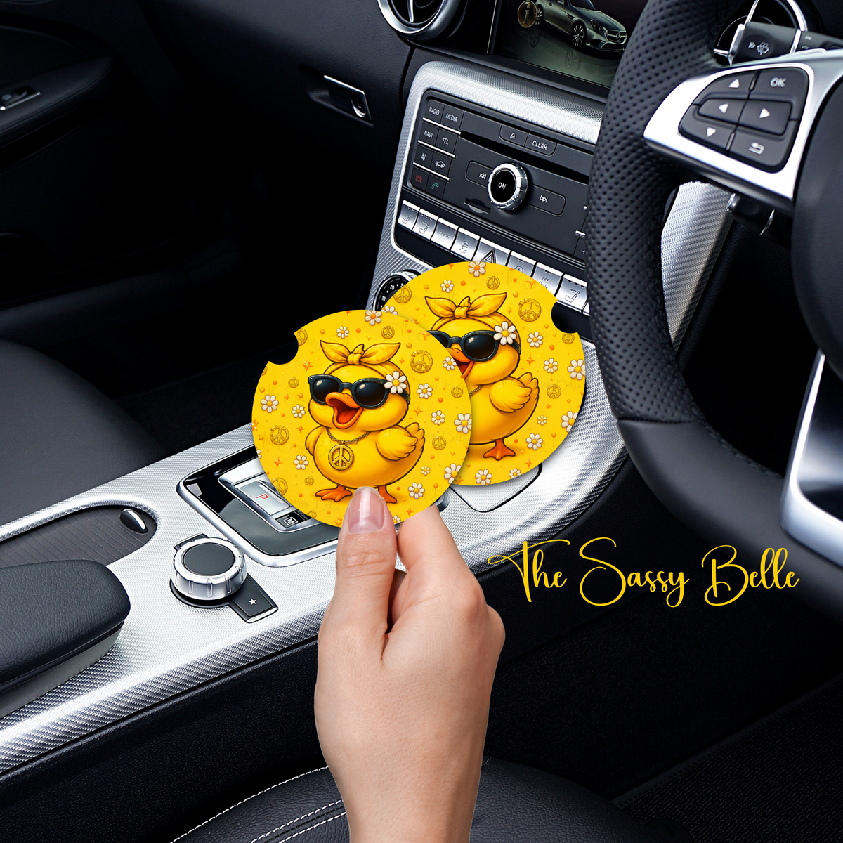 Peace Out Duck Car Coaster, Neoprene Car Coasters, Set of Two, Duck Car Cup Insert, Cute Auto Gift, Interior Auto Accessories