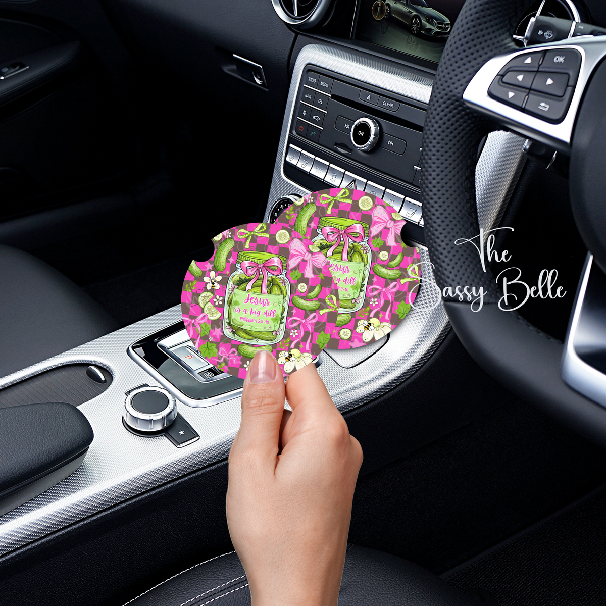 Jesus is a Big Dill, Christian Car Coaster, Neoprene Car Cup Holder, Set of Two, Interior Auto Accessories
