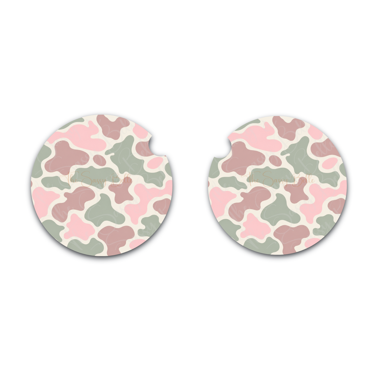 Pink & Sage Camo Car Coasters Set of 2 – Neoprene Cup Holder Coasters, Cute Camouflage Car Accessories for Women