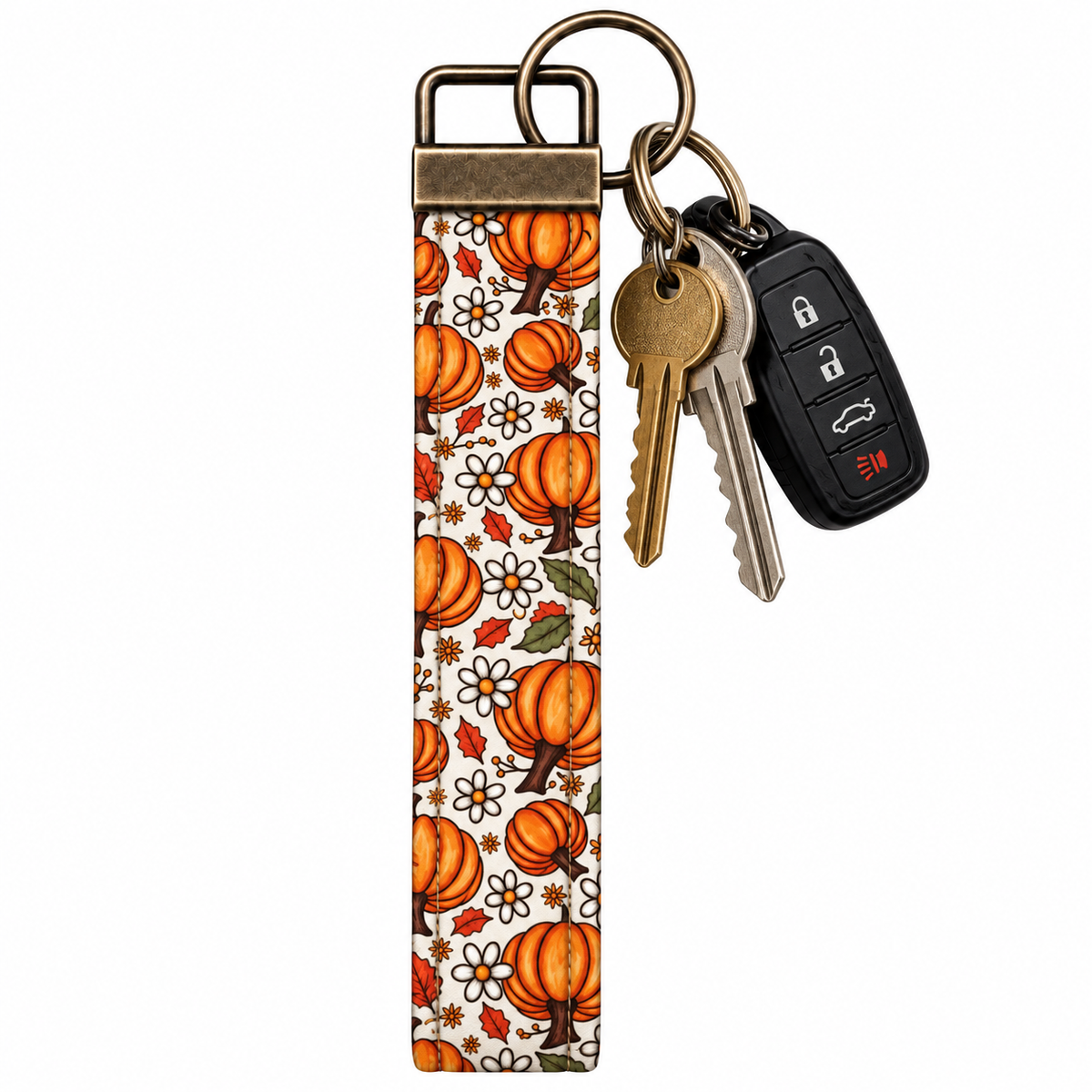 Pumpkin Keychain with Floral Design, Key Fob Wristlet, Ideal for Keys and Accessories, Perfect for Fall Decor