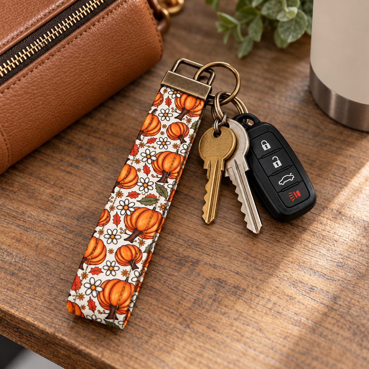 Pumpkin Keychain with Floral Design, Key Fob Wristlet, Ideal for Keys and Accessories, Perfect for Fall Decor